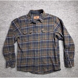 Orvis‎ Shirt Mens Large Brown Navy Plaid Fleece Lined Flannel Button Up Heavy